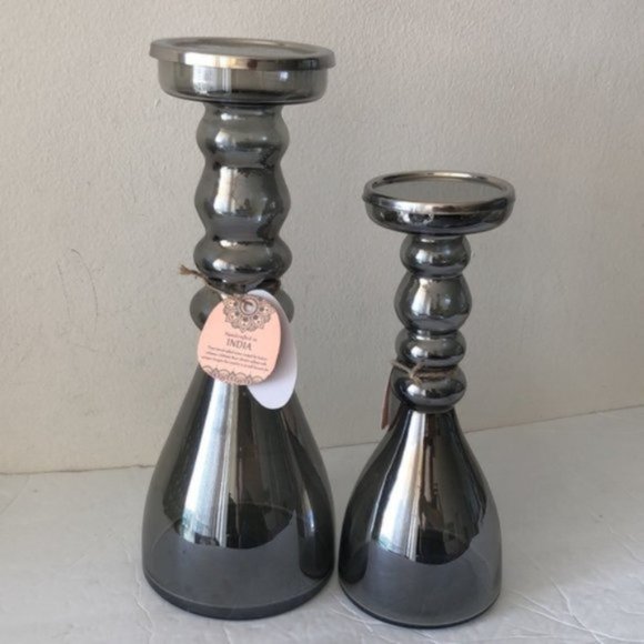 UMA Set Of 2 Glass Candle Holders Grey Made in India - Picture 7 of 7